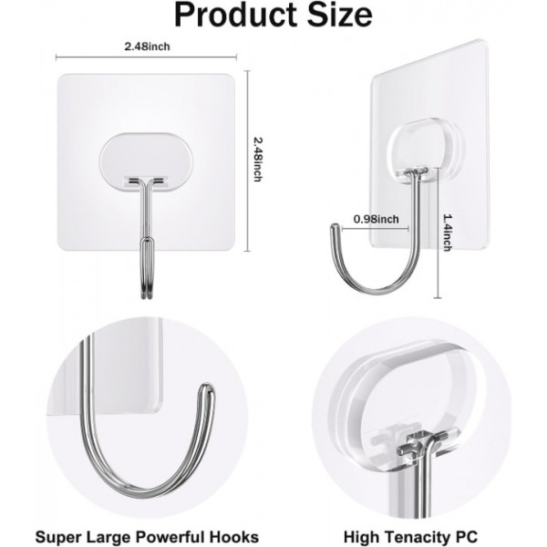 Large Adhesive Hooks,Transparent Seamless Stainless Steel Ultra Strong Wall Hooks for Kitchen Bathroom Ceiling Door Utility Hooks 14 PCS