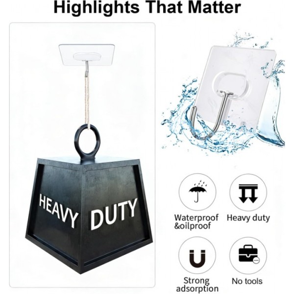 Large Adhesive Hooks,Transparent Seamless Stainless Steel Ultra Strong Wall Hooks for Kitchen Bathroom Ceiling Door Utility Hooks 10 PCS