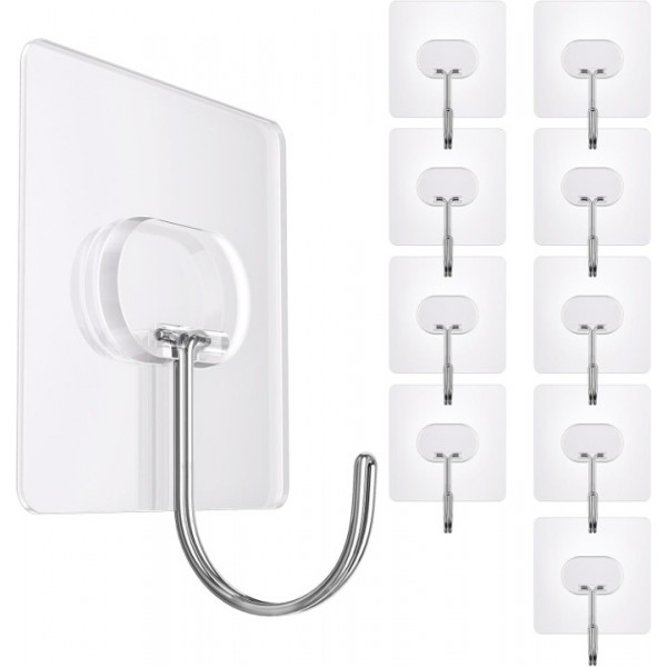 Large Adhesive Hooks,Transparent Seamless Stainless Steel Ultra Strong Wall Hooks for Kitchen Bathroom Ceiling Door Utility Hooks 10 PCS
