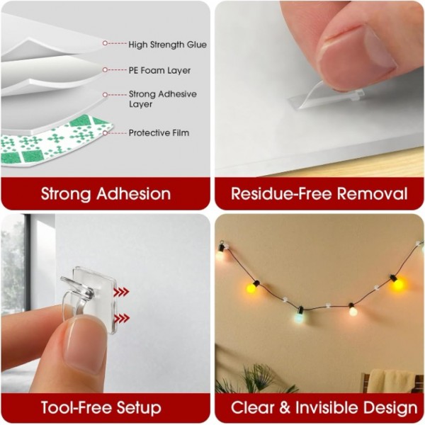 YIDE 120PCS Adhesive Cable Clips, Heavy-Duty Cord Clips for Cable Management, Outdoor Christmas Light Clips Hooks, Traceless Clear Wire Holders Cord Organizer for Wall, Desk, LED, Car