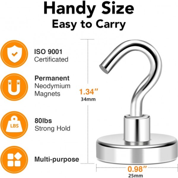 YIDE Magnetic Hooks, 80LB+ Heavy Duty Magnetic Hooks Cruise with Epoxy Coating for Refrigerator, Strong Magnet Hooks for Tool Room, Magnetic Metal Hooks for Grill - 8 Pack