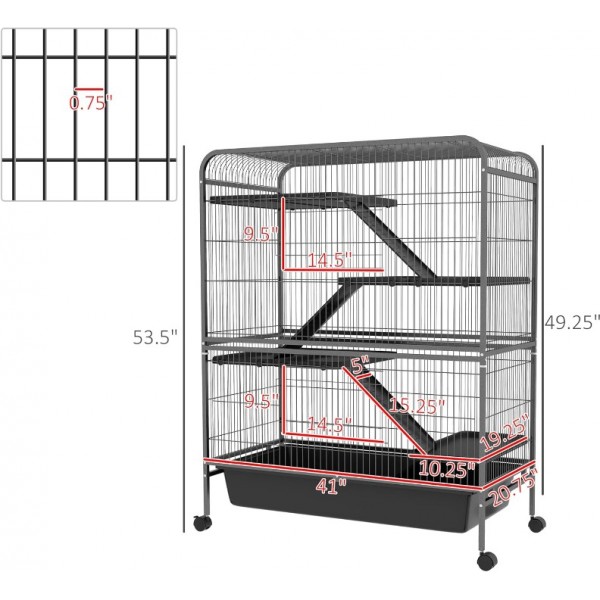 YIDE 53.5" Small Animal Cage, 5-Level Metal Ferret or Bunny Cage with Wheels, Chinchilla Cage with Removable Tray, 2 Front Doors, Ramps, Gray