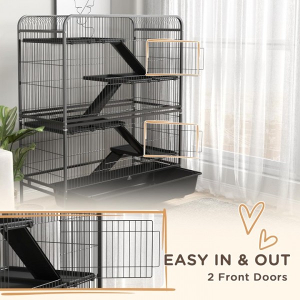 YIDE 53.5" Small Animal Cage, 5-Level Metal Ferret or Bunny Cage with Wheels, Chinchilla Cage with Removable Tray, 2 Front Doors, Ramps, Gray
