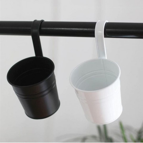 YIDE 5 Pcs Hanging Flower Pots Metal Iron Bucket Planter Pot Metal Bucket Flower Holder with Hook Indoor Outdoor Decor for Railing Fence Balcony Garden (Black)