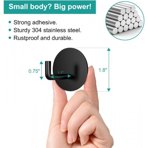 YIDE Adhesive Hooks Heavy Duty Shower Hook Waterproof, Black Stick on Hooks for Hanging Loofah Towel Robe Clothes, Removable Stainless Steel Bathroom Adhesive Wall Hooks 4 pcs