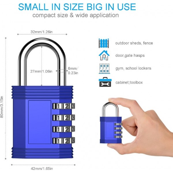 YIDE Combination Lock, 4 Digit Outdoor Waterproof Padlock for School Gym Locker, Fence, Gate, Toolbox (Blue)