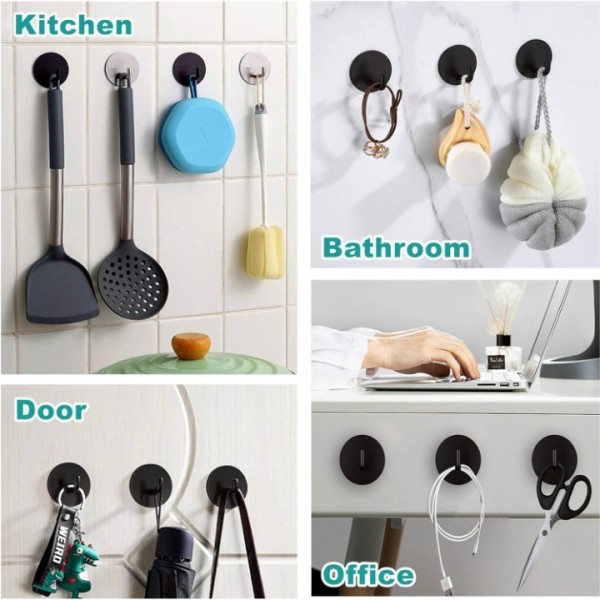 YIDE Adhesive Hooks Heavy Duty Shower Hook Waterproof, Black Stick on Hooks for Hanging Loofah Towel Robe Clothes, Removable Stainless Steel Bathroom Adhesive Wall Hooks 4 pcs