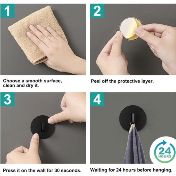YIDE Adhesive Hooks Heavy Duty Shower Hook Waterproof, Black Stick on Hooks for Hanging Loofah Towel Robe Clothes, Removable Stainless Steel Bathroom Adhesive Wall Hooks 4 pcs