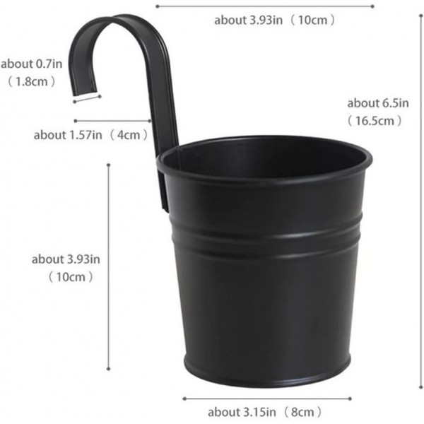 YIDE 5 Pcs Hanging Flower Pots Metal Iron Bucket Planter Pot Metal Bucket Flower Holder with Hook Indoor Outdoor Decor for Railing Fence Balcony Garden (Black)