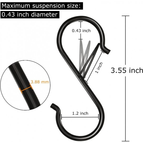 YIDE 8 Pack S Hooks for Hanging, 3.5 inch Heavy Duty Metal S Hooks with Safety Buckle S Shaped Hooks Pot Rack Closet Hooks for Hanging Plants, Clothes, Kitchen Utensil, Pots, Pans, Bags (Black)